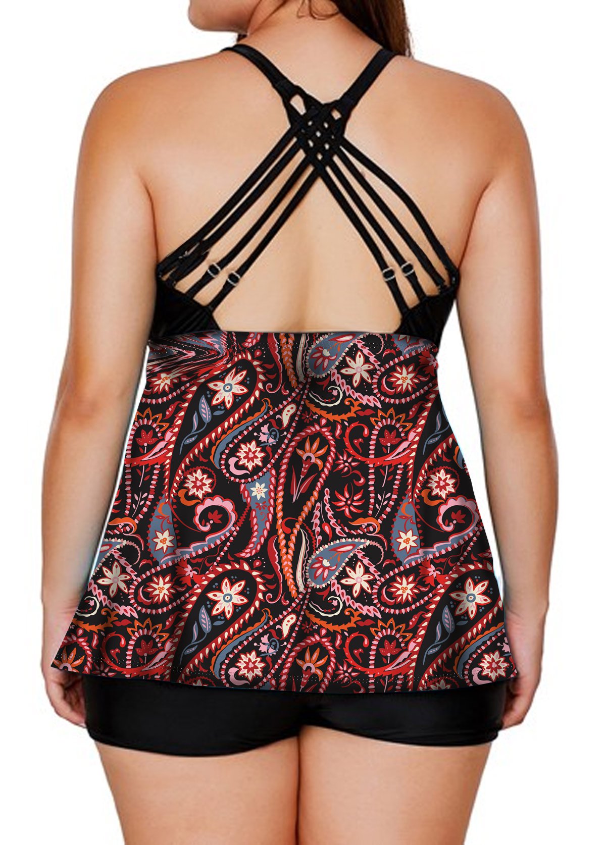 Black plus size,Paisley plus size,ROTITA Paisley Print Plus Size Criss Cross Back Tankini Set 
