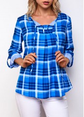 Blue tops,Plaid tops,ROTITA Plaid Print Roll Tab Sleeve Blouse
