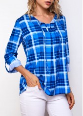 Blue tops,Plaid tops,ROTITA Plaid Print Roll Tab Sleeve Blouse