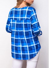 Blue tops,Plaid tops,ROTITA Plaid Print Roll Tab Sleeve Blouse
