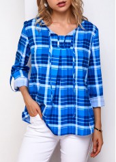 ROTITA Plaid Print Roll Tab Sleeve Blouse