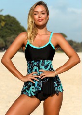 Blue swimwear,Paisley swimwear,ROTITA Contrast Piping Paisley Print Tankini Top