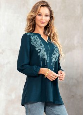 Green tops,Floral tops,ROTITA Split Neck Tribal Print Long Sleeve Blouse