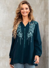 ROTITA Split Neck Tribal Print Long Sleeve Blouse