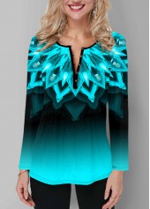 Blue tops,Ombre tops,ROTITA Long Sleeve Printed Ombre Button T Shirt