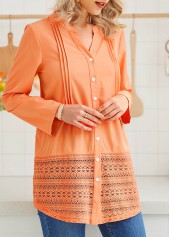 Orange tops,Plain Color tops,ROTITA Button Up Long Sleeve Lace Stitching Blouse