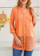Orange tops,Plain Color tops,ROTITA Button Up Long Sleeve Lace Stitching Blouse