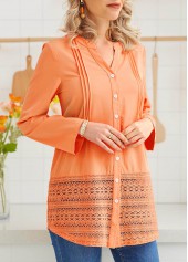 Orange tops,Plain Color tops,ROTITA Button Up Long Sleeve Lace Stitching Blouse