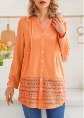 ROTITA Button Up Long Sleeve Lace Stitching Blouse