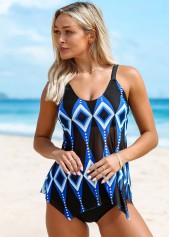 Navy swimwear,Geometric swimwear,ROTITA Hanky Hem Geometric Print Tankini Set
