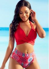Red swimwear,Floral swimwear,ROTITA Printed Cross Chest High Waisted Bikini Set