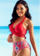 Red swimwear,Floral swimwear,ROTITA Printed Cross Chest High Waisted Bikini Set