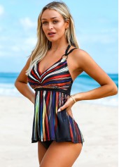 Multi Color swimwear,Striped swimwear,ROTITA Rainbow Stripe Tie Back Tankini Set