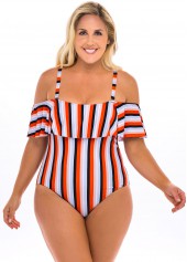 Multi Color plus size,Rainbow Color plus size,Striped plus size,ROTITA Plus Size Cold Shoulder Striped One Piece Swimwear