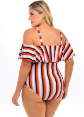 Multi Color plus size,Rainbow Color plus size,Striped plus size,ROTITA Plus Size Cold Shoulder Striped One Piece Swimwear