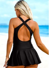 Black swimwear,Plain Color swimwear,ROTITA Cross Strap Mesh Stitching Solid Swimdress and Shorts