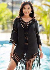 Tassel Hem 3/4 Sleeve Black Cover Up