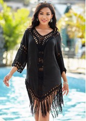 Black swimwear,Plain Color swimwear,Tassel Hem 3/4 Sleeve Black Cover Up