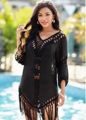 Black swimwear,Plain Color swimwear,Tassel Hem 3/4 Sleeve Black Cover Up