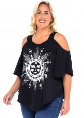 Black plus size,Floral plus size,ROTITA Cold Shoulder Plus Size Astrology Print T Shirt