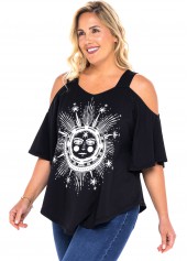 Black plus size,Floral plus size,ROTITA Cold Shoulder Plus Size Astrology Print T Shirt