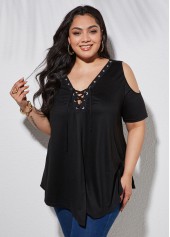 Black plus size,Plain Color plus size,ROTITA Plus Size Cold Shoulder Lace Up T Shirt