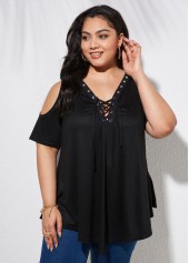 ROTITA Plus Size Cold Shoulder Lace Up T Shirt