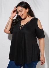 Black plus size,Plain Color plus size,ROTITA Plus Size Cold Shoulder Lace Up T Shirt
