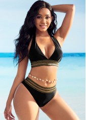 Black swimwear,Contrast Color swimwear,ROTITA Halter Sheer Mesh Tie Back Bikini Set