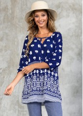 ROTITA Tie Front 3/4 Sleeve Tribal Print Blouse