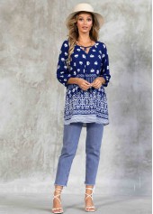 Navy tops,Tribal tops,ROTITA Tie Front 3/4 Sleeve Tribal Print Blouse