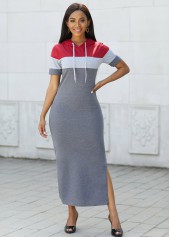 Drawstring Hooded Collar Contrast Maxi Dress