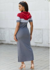 Grey dresses,Contrast Color dresses,Drawstring Hooded Collar Contrast Maxi Dress