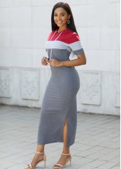 Grey dresses,Contrast Color dresses,Drawstring Hooded Collar Contrast Maxi Dress
