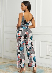 White jumpsuits&rompers,Geometric jumpsuits&rompers,Spaghetti Strap Wide Leg Geometric Print Jumpsuit