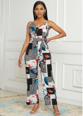 White jumpsuits&rompers,Geometric jumpsuits&rompers,Spaghetti Strap Wide Leg Geometric Print Jumpsuit