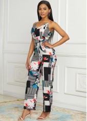 White jumpsuits&rompers,Geometric jumpsuits&rompers,Spaghetti Strap Wide Leg Geometric Print Jumpsuit