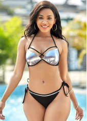 Silvery White swimwear,Contrast Color swimwear,Tie Back Halter Shining Bikini Set