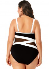 Multi Color plus size,Contrast Color plus size,ROTITA Plus Size Mesh Stitching Contrast One Piece Swimwear