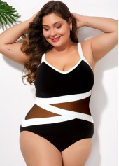 ROTITA Plus Size Mesh Stitching Contrast One Piece Swimwear