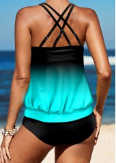 Cyan swimwear,Ombre swimwear,ROTITA Criss Cross Back Gradient Tie Side Tankini Set