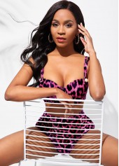 Pink swimwear,Leopard swimwear,ROTITA High Waisted Leopard Print Double Strap Bikini Set