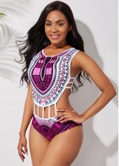 Hot Pink swimwear,Tribal swimwear,ROTITA Cutout Waist Dashiki Print One Piece Swimwear	