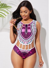 ROTITA Cutout Waist Dashiki Print One Piece Swimwear