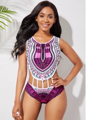 Hot Pink swimwear,Tribal swimwear,ROTITA Cutout Waist Dashiki Print One Piece Swimwear	
