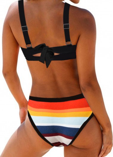 Multi Color swimwear,Striped swimwear,ROTITA Tie Back Multicolor Striped Spaghetti Strap Bikini Set