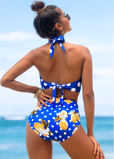 Blue swimwear,Dot swimwear,ROTITA Polka Dot High Waist Halter Bikini Set