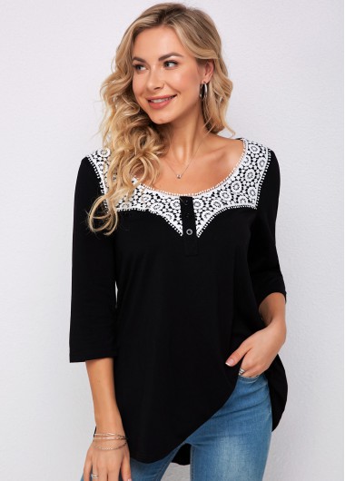 Black tops,Contrast Color tops,ROTITA 3/4 Sleeve Lace Stitching Decorative Button T Shirt