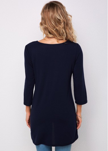 Plain Color tops,ROTITA 3/4 Sleeve Embellished Neck Navy Blue T Shirt