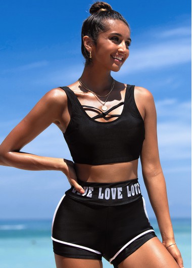 Black swimwear,Letter swimwear,ROTITA Cross Strap Letter Print High Waisted Bikini Set